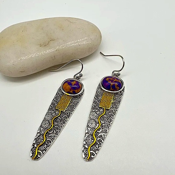 Silver Vintage Handmade Boho Purple Stone Geometric Irregular Dangle Earrings - Picture 4 of 6